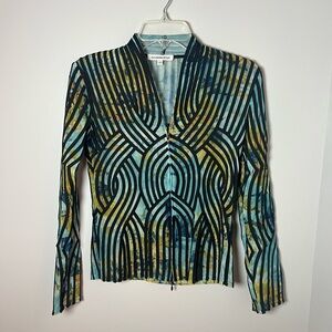 Alexandra Rosati Ribbon Blue Watercolor Art To Wear Blazer Jacket Cotton Size 4